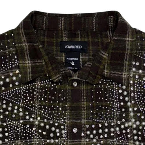 KINDRED RHINESTONE & PEARL FLANNEL SHIRTS OLIVE