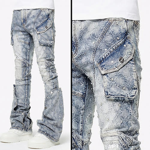 GUAPI AQUA BLUE COFFIN ARC EMBELLISHED DENIM