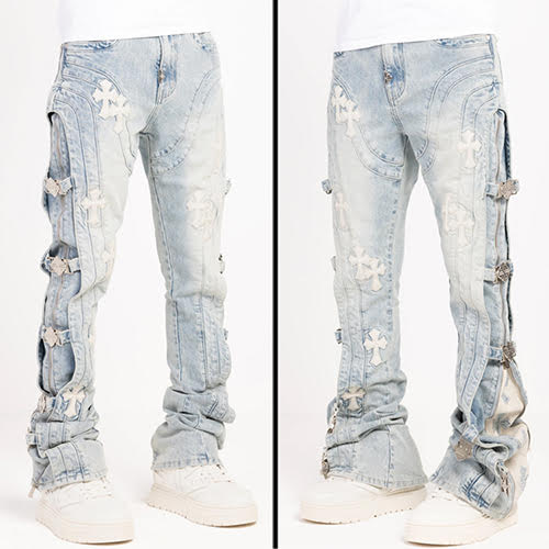 GUAPI AQUA BLUE CROSS BUCKLE DENIM