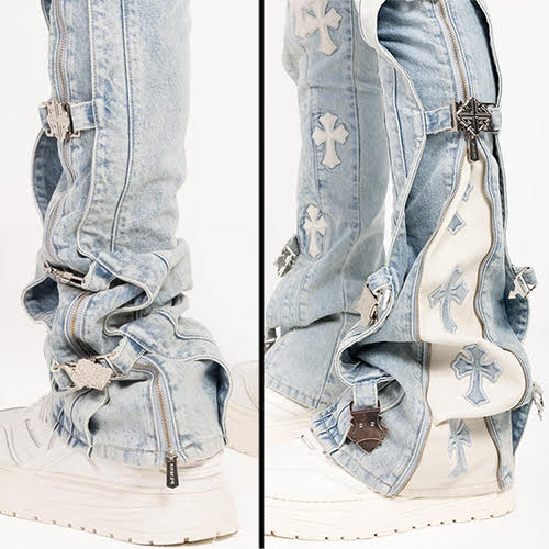 GUAPI AQUA BLUE CROSS BUCKLE DENIM