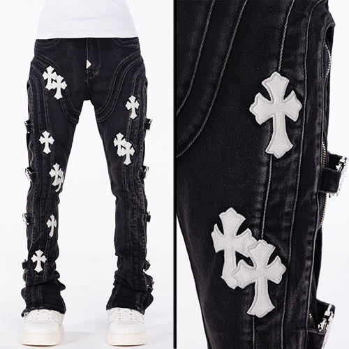 GUAPI OBSIDIAN BLACK CROSS BUCKLE DENIM