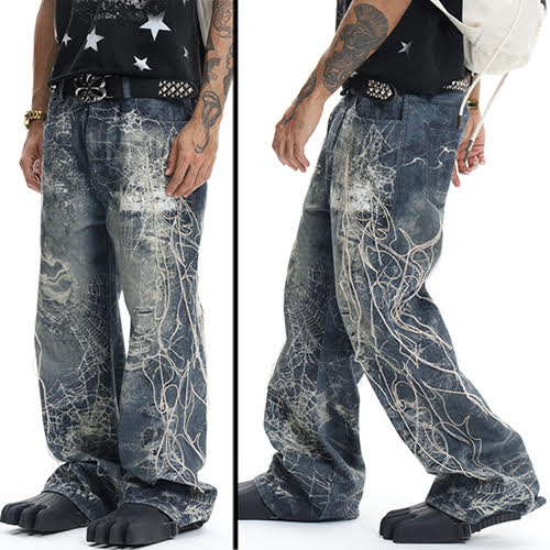 DND4DES SPIDER WEB EMBROIDERY TASSEL HARD WASHED JEAN