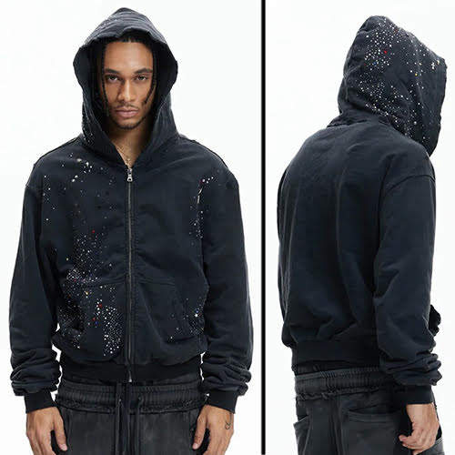 DND4DES RHINESTONE BLACK ZIP-UP HOODIE BLACK