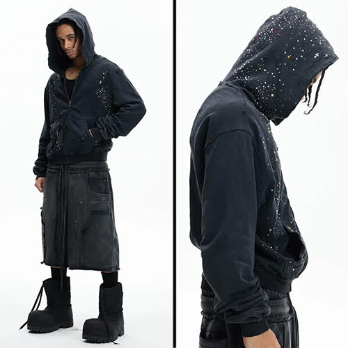 DND4DES RHINESTONE BLACK ZIP-UP HOODIE BLACK