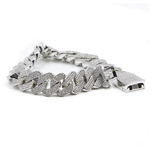 GOLDEN GILT Studded Prong Set Cuban Link Bracelet - Silver