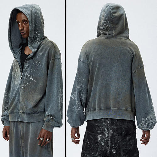 DND4DES DIAMOND DISTRESSED ZIP-UP HOODIE GRAY